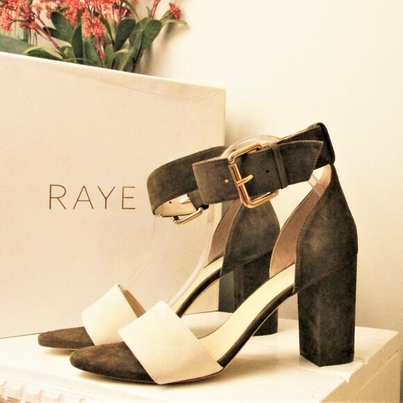 RAYE Leia taupe 9.5 strappy block heel sandals shoes heels suede buckle - Picture 1 of 9